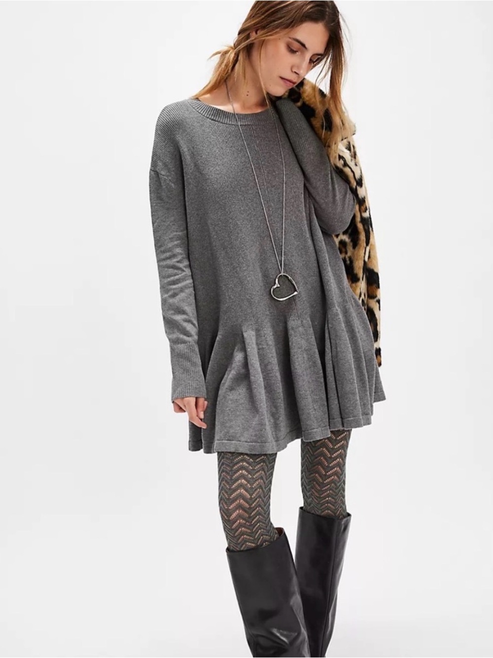 Free People Time On My Side Grey Ribbed Mini Dress Dark Heather Grey MSRP $148 M